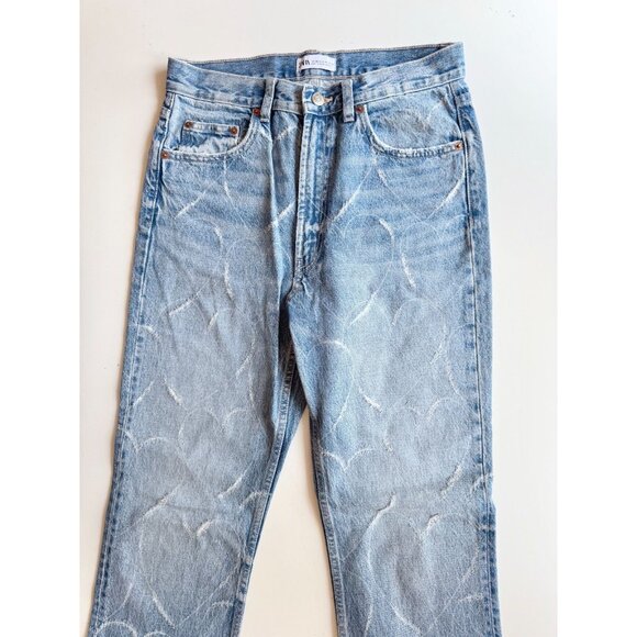 ZARA Medium Wash Heart Distressed High Rise Straight Leg Jeans, Size 6/28 - Picture 2 of 15